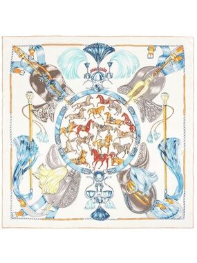NEW Carolina Lemke Equestrian Motif Mulberry Silk Blue Printed Scarf